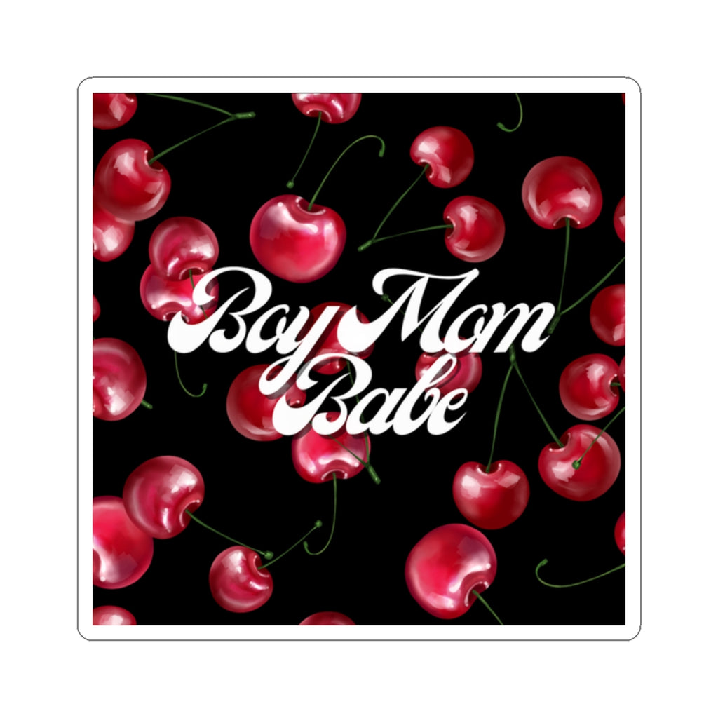 Boy Mom Babe Kiss-Cut Sticker | Cherry Pattern, Retro Script