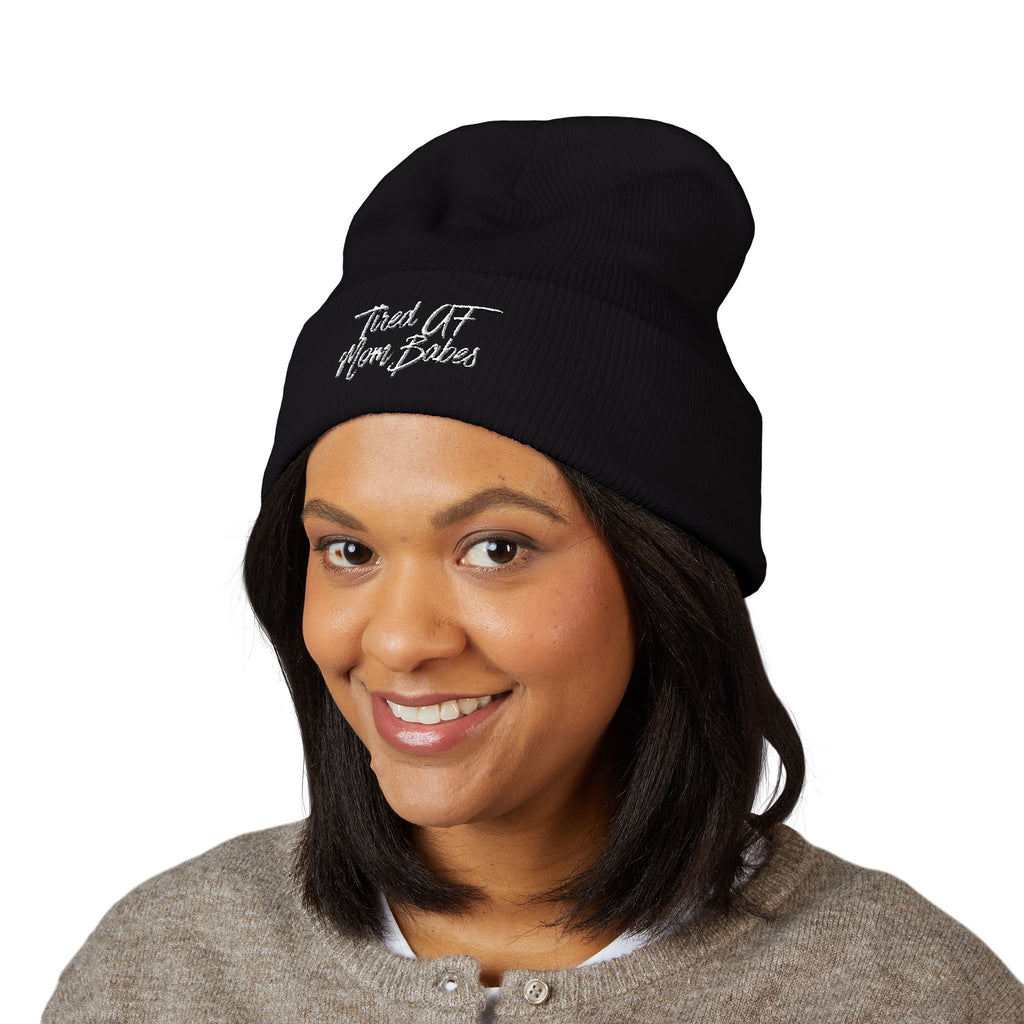 Tired AF Mom Babes Beanie - White Embroidery