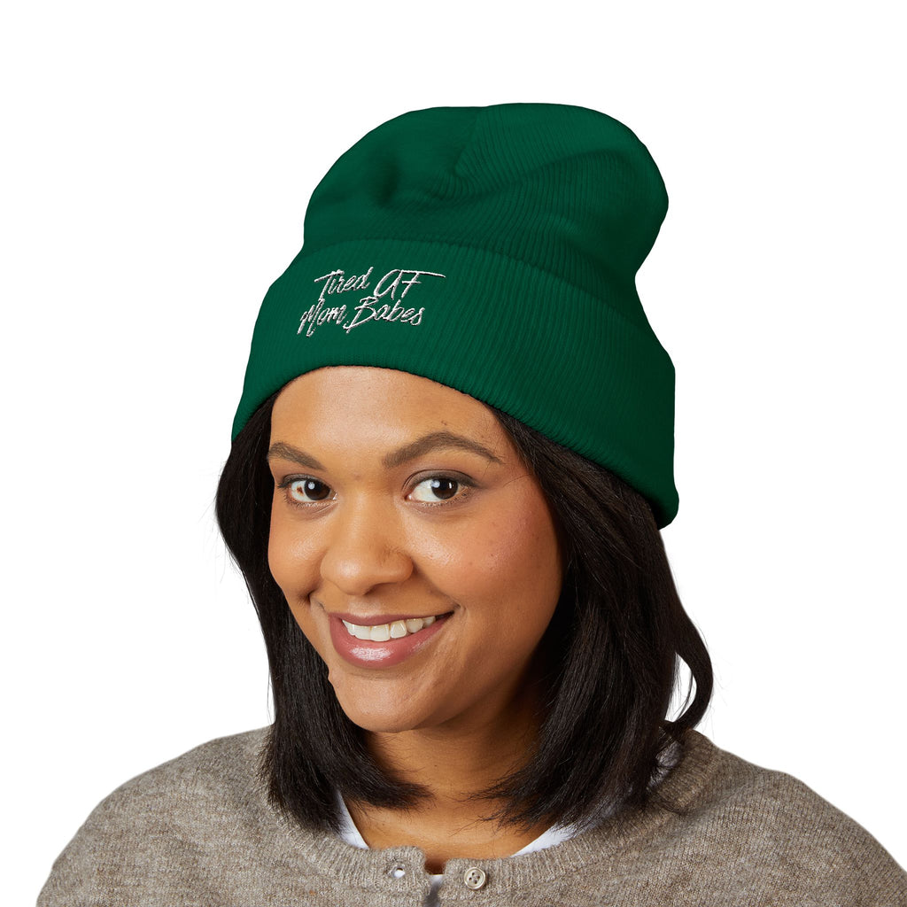 Tired AF Mom Babes Beanie - White Embroidery