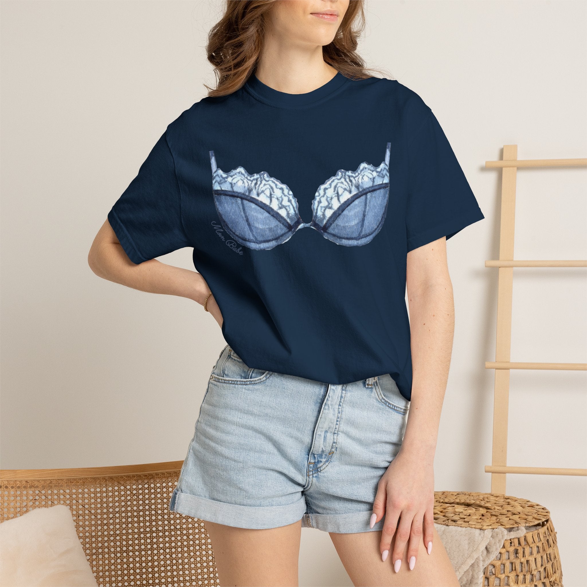 MILF Mom Babe - Lace Bra Tee Blue