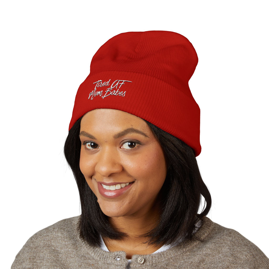 Tired AF Mom Babes Beanie - White Embroidery