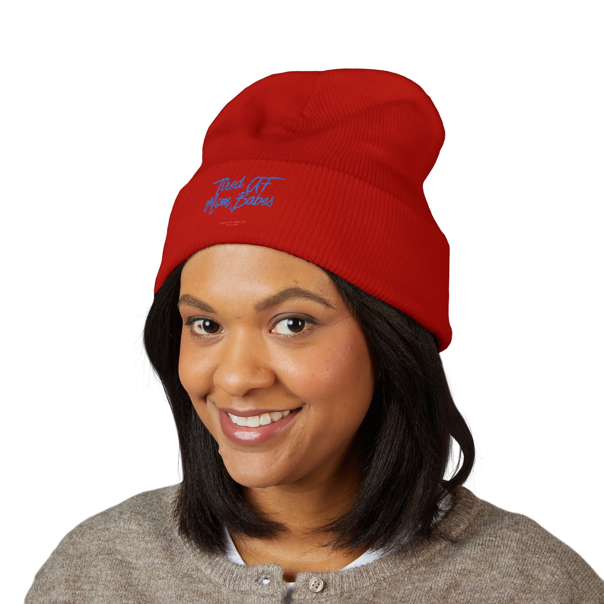 Tired AF Mom Babes Beanie - Blue and Red Embroidery