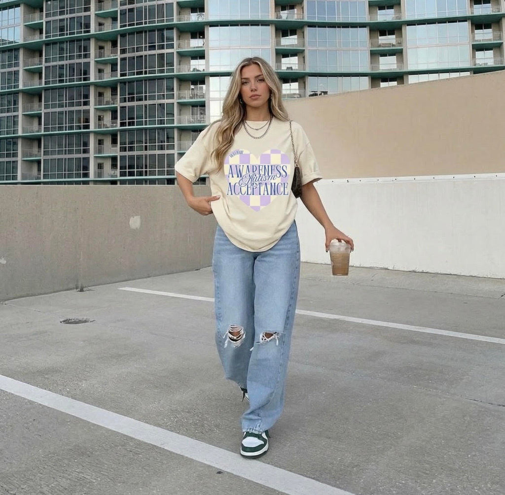 Autism Awareness and Acceptance — Checkered Heart Oversized Drop Sleeve Tee