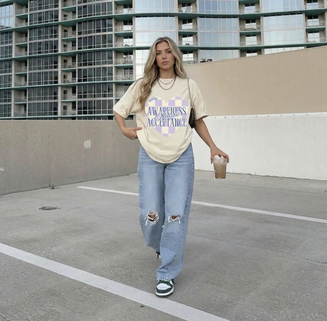 Autism Awareness and Acceptance — Checkered Heart Oversized Drop Sleeve Tee