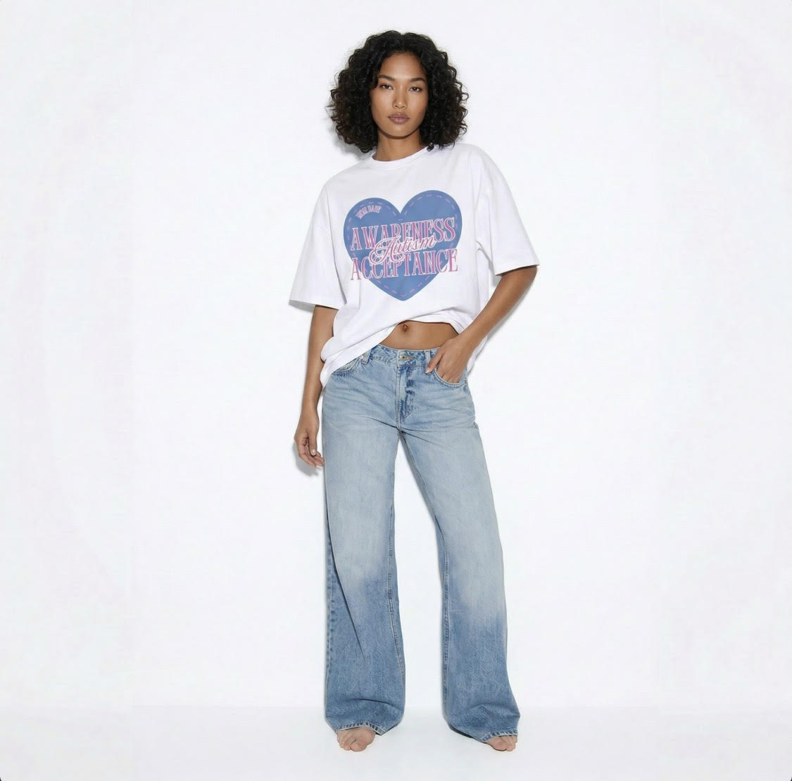 Autism Awareness and Acceptance — Stitched Heart Oversized Drop Sleeve Tee